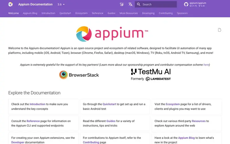 Screenshot of the Appium homepage