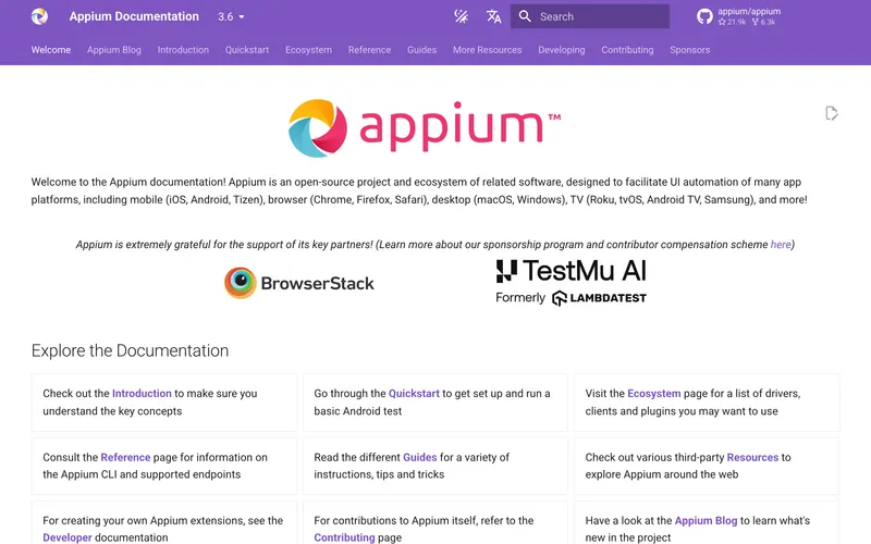 Screenshot of the Appium homepage