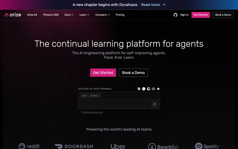 Screenshot of the Arize AI homepage