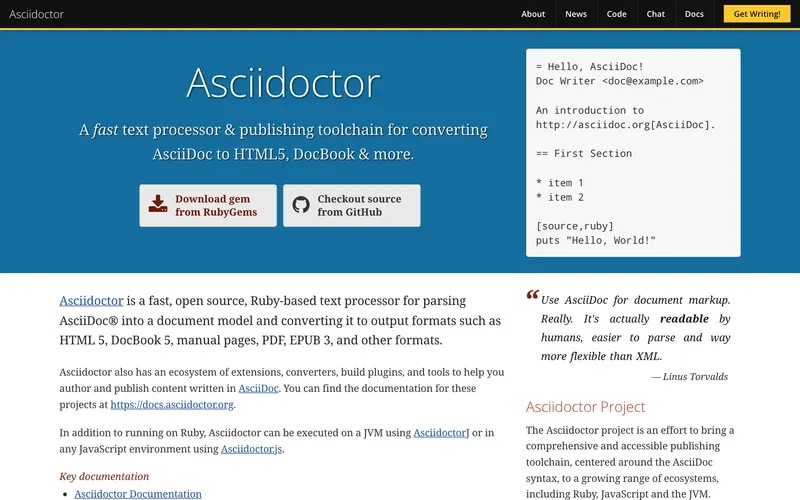Screenshot of the Asciidoctor homepage