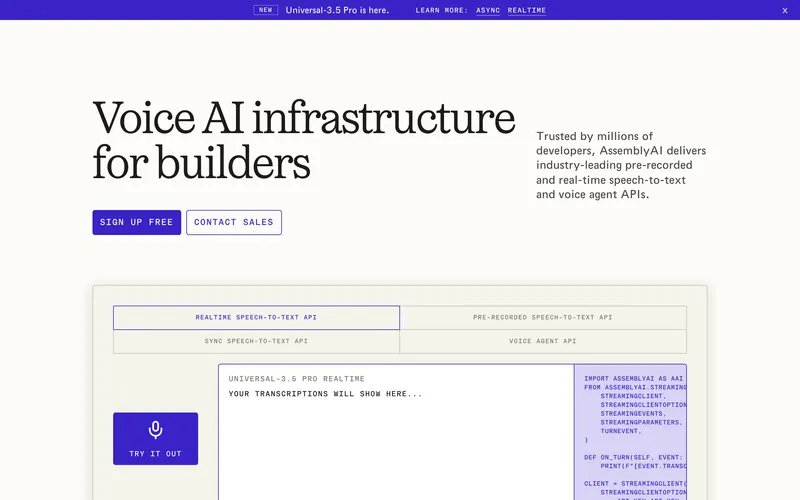 Screenshot of the AssemblyAI homepage
