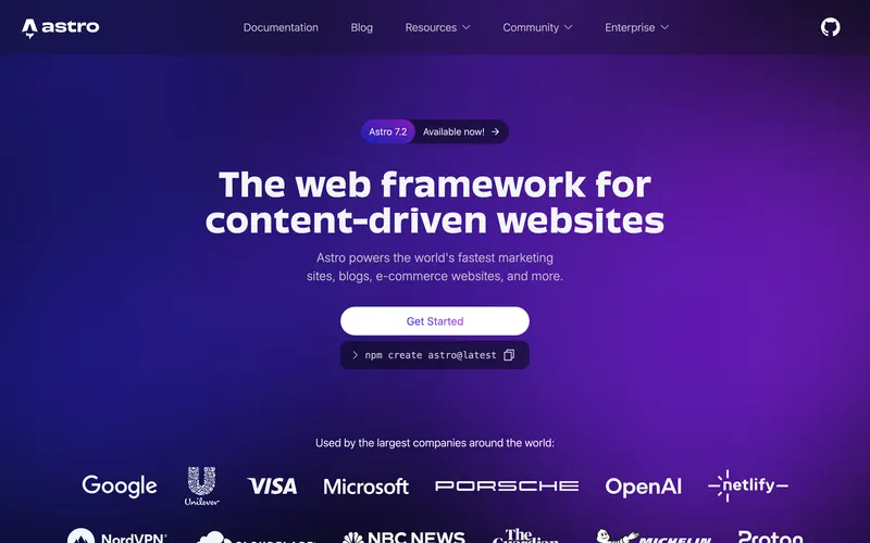 Screenshot of the Astro homepage
