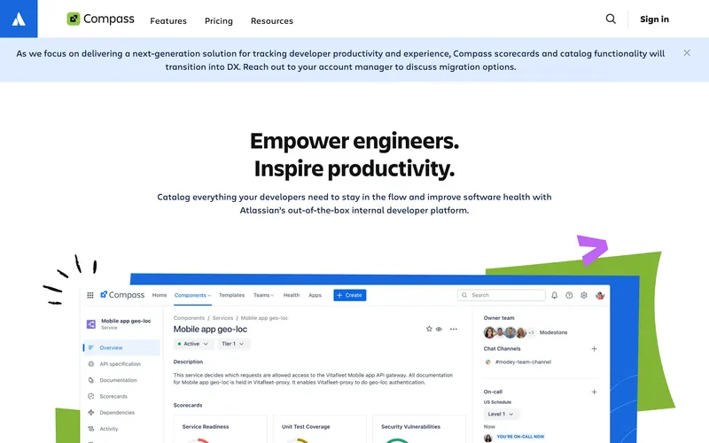 Screenshot of the Atlassian Compass homepage