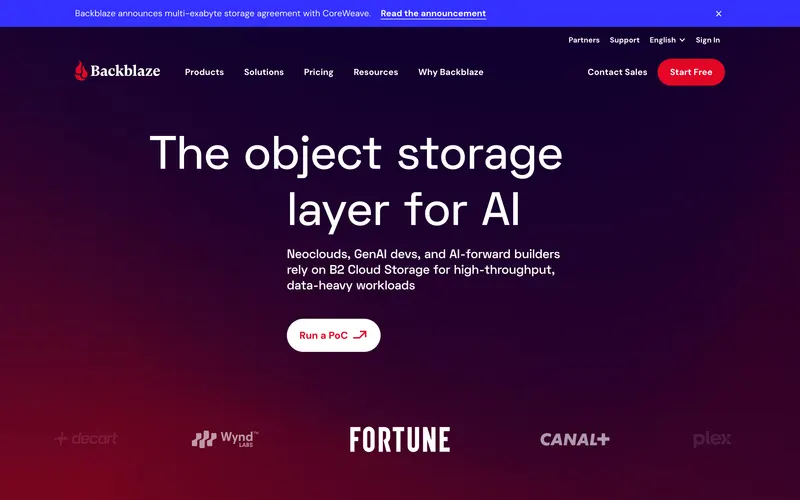 Screenshot of the Backblaze homepage