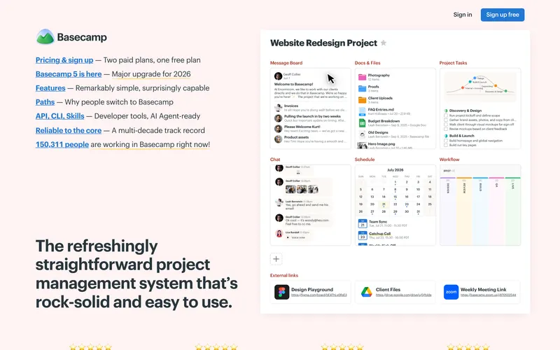 Screenshot of the Basecamp homepage