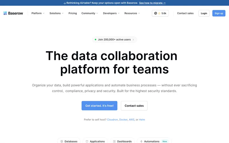 Screenshot of the Baserow homepage