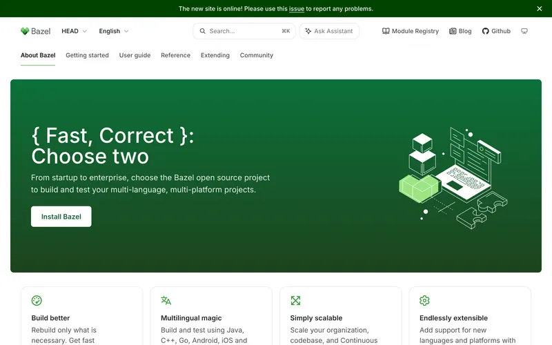Screenshot of the Bazel homepage