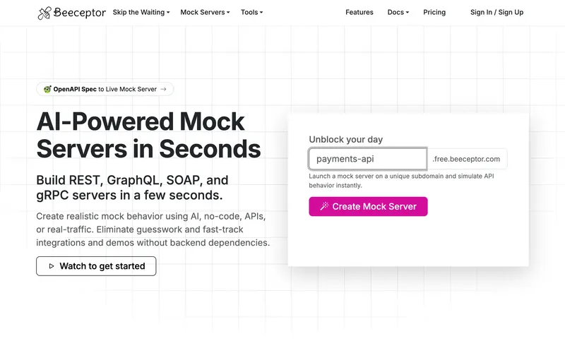 Screenshot of the Beeceptor homepage