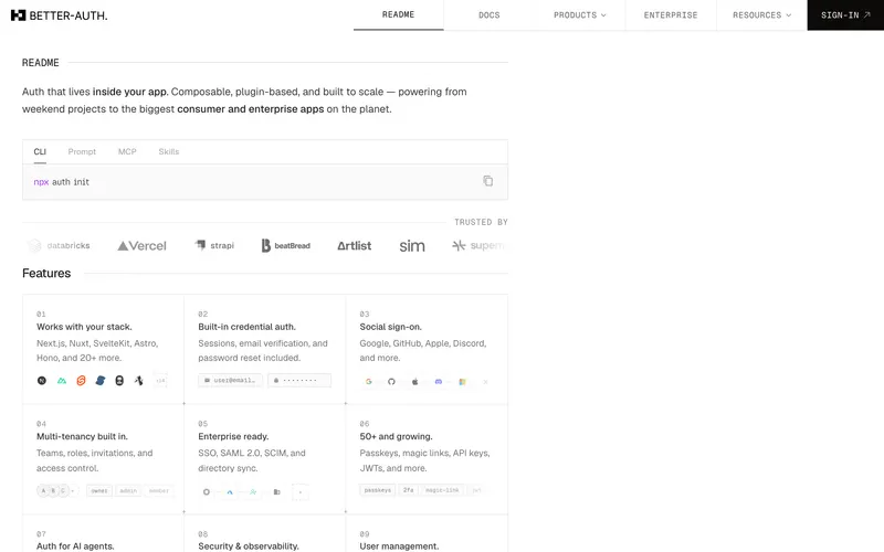 Screenshot of the Better Auth homepage