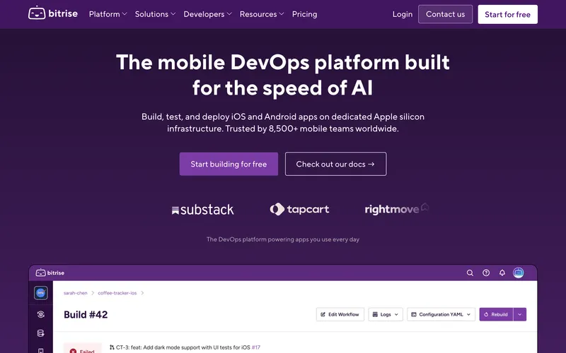 Screenshot of the Bitrise homepage
