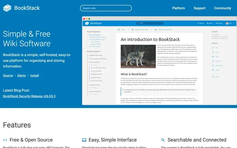 Screenshot of the BookStack homepage