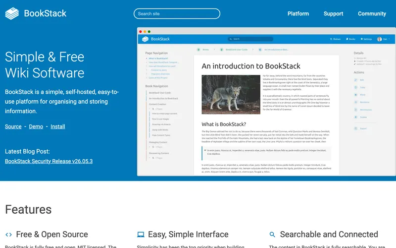 Screenshot of the BookStack homepage