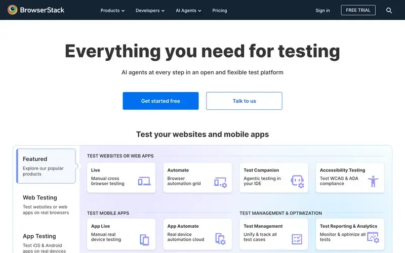 Screenshot of the BrowserStack homepage