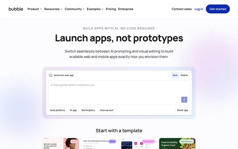 Screenshot of the Bubble homepage