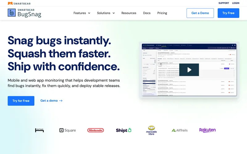 Screenshot of the BugSnag homepage