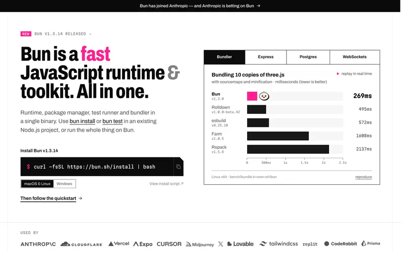 Screenshot of the Bun homepage