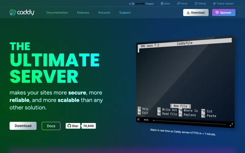 Screenshot of the Caddy homepage