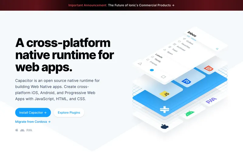 Screenshot of the Capacitor homepage