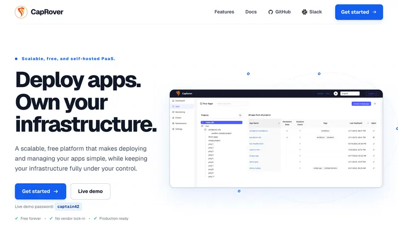 Screenshot of the CapRover homepage