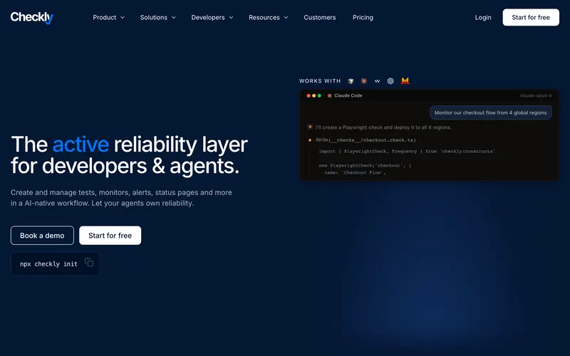 Screenshot of the Checkly homepage
