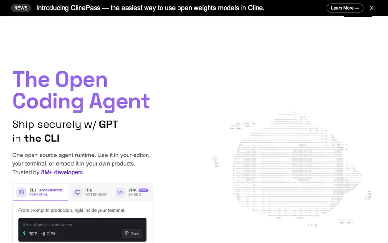 Screenshot of the Cline homepage