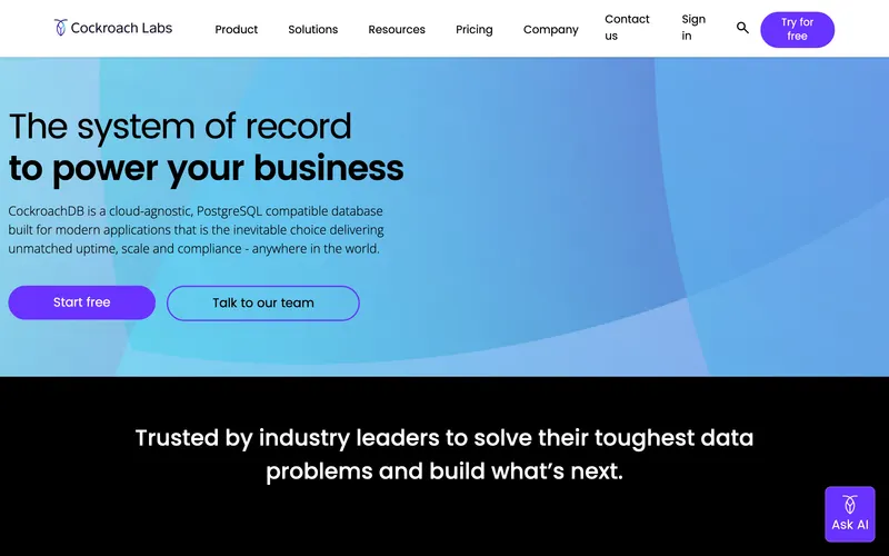 Screenshot of the CockroachDB homepage