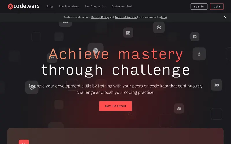 Screenshot of the Codewars homepage
