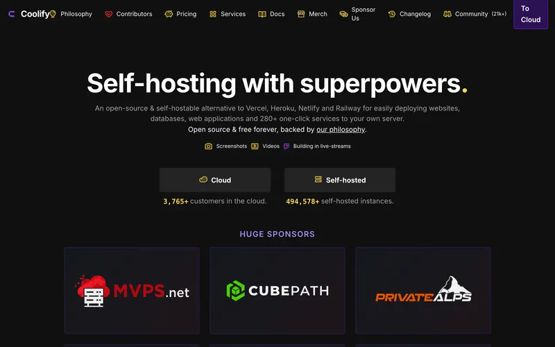 Screenshot of the Coolify homepage