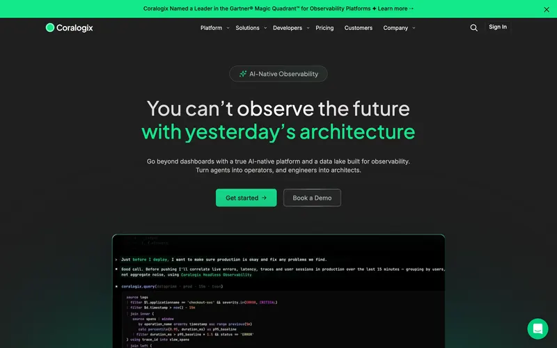 Screenshot of the Coralogix homepage