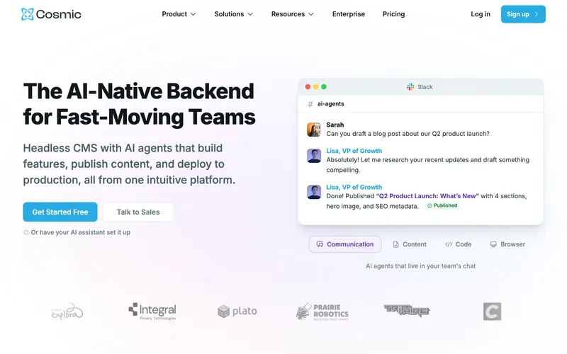 Screenshot of the Cosmic homepage
