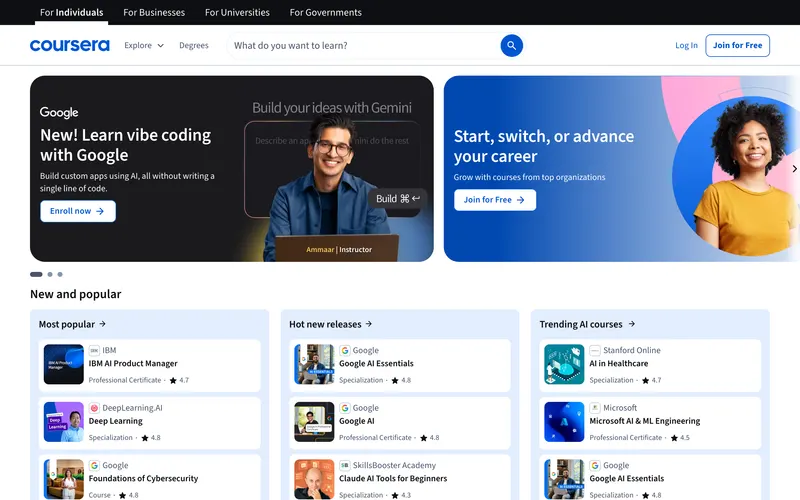 Screenshot of the Coursera homepage