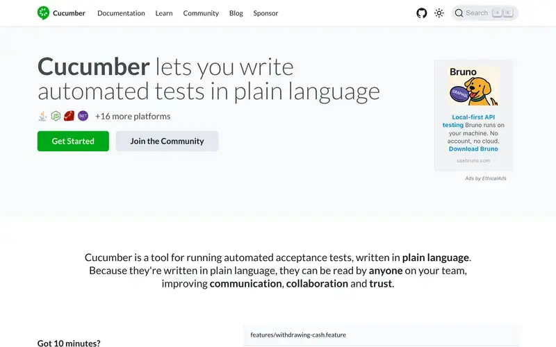 Screenshot of the Cucumber homepage