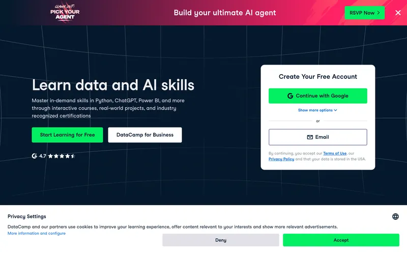 Screenshot of the DataCamp homepage