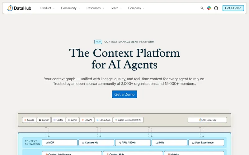 Screenshot of the DataHub homepage