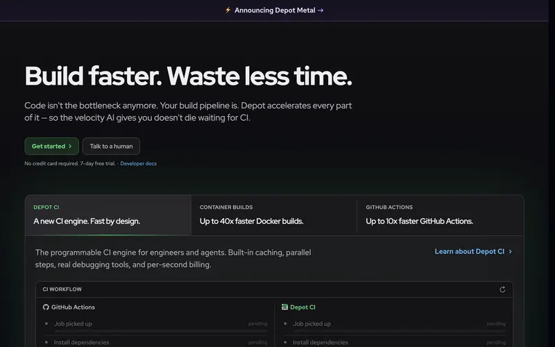 Screenshot of the Depot homepage