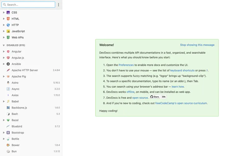 Screenshot of the DevDocs homepage