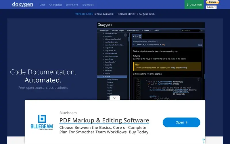 Screenshot of the Doxygen homepage