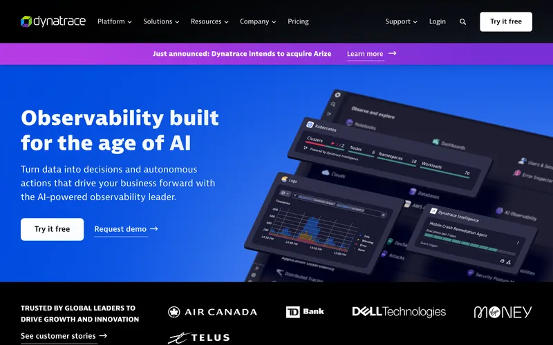 Screenshot of the Dynatrace homepage