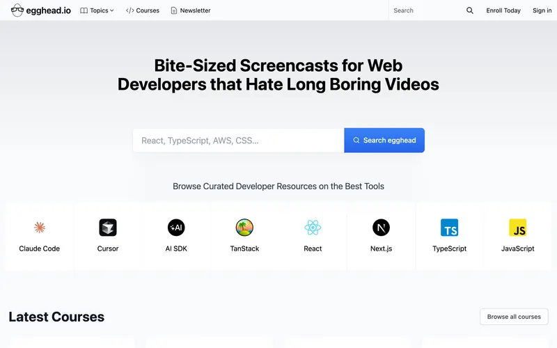 Screenshot of the egghead.io homepage
