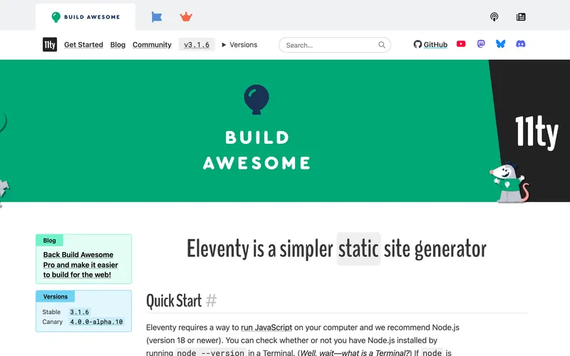 Screenshot of the Eleventy homepage