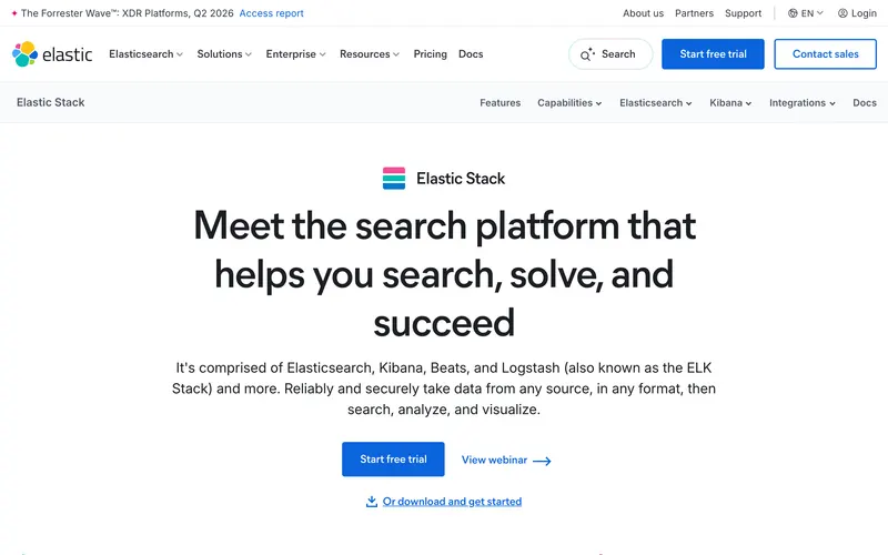 Screenshot of the ELK Stack homepage