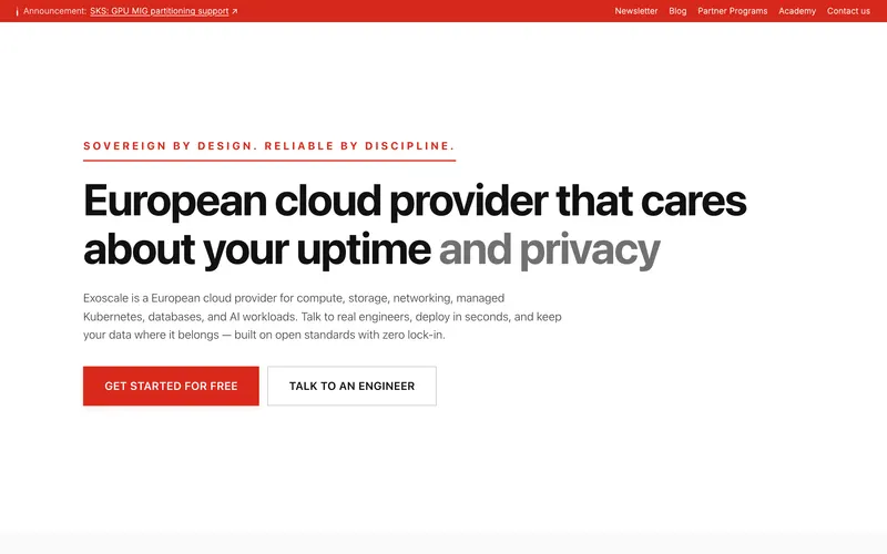 Screenshot of the Exoscale homepage