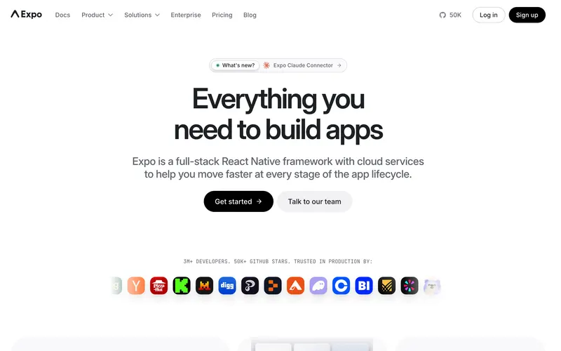 Screenshot of the Expo homepage