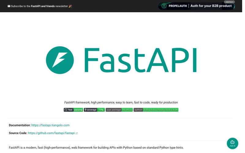 Screenshot of the FastAPI homepage