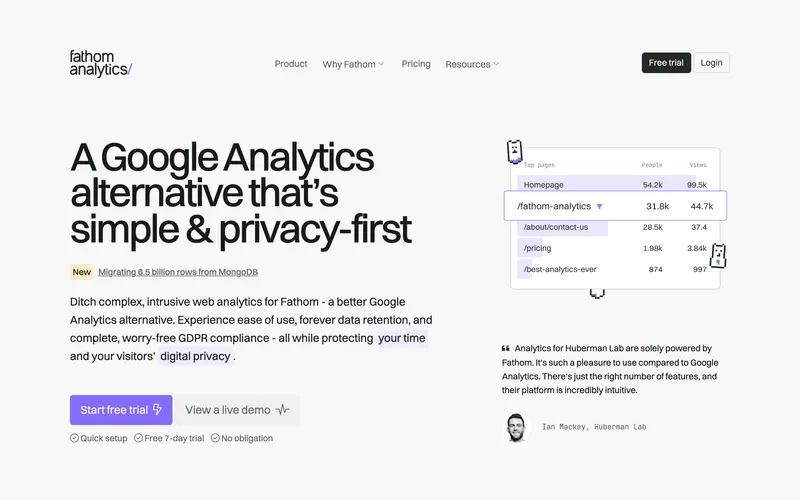 Screenshot of the Fathom Analytics homepage