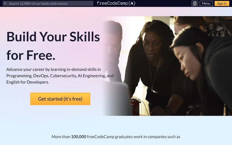Screenshot of the freeCodeCamp homepage