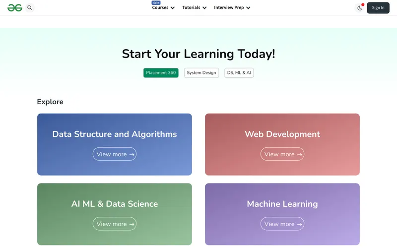 Screenshot of the GeeksforGeeks homepage