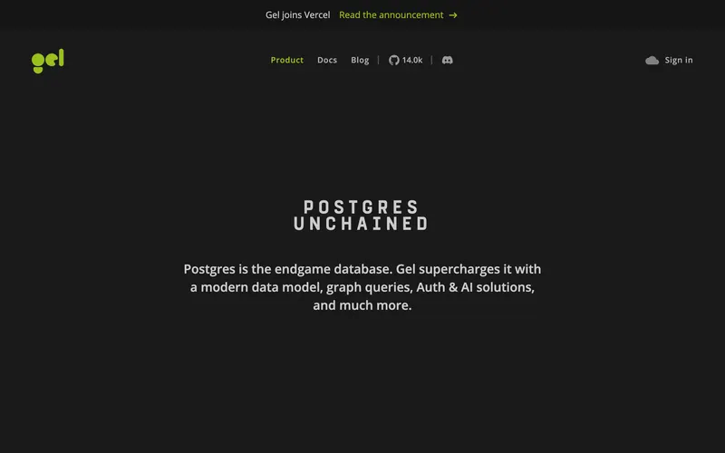 Screenshot of the Gel homepage