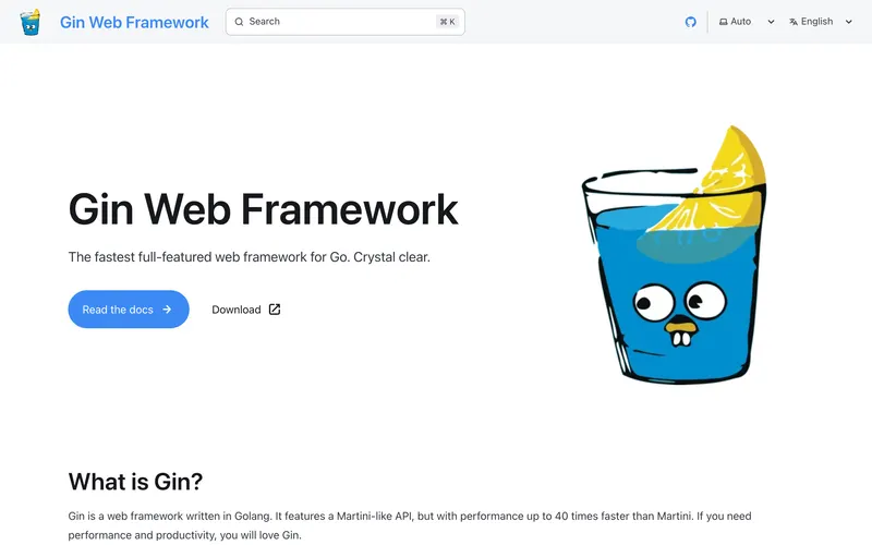 Screenshot of the Gin homepage