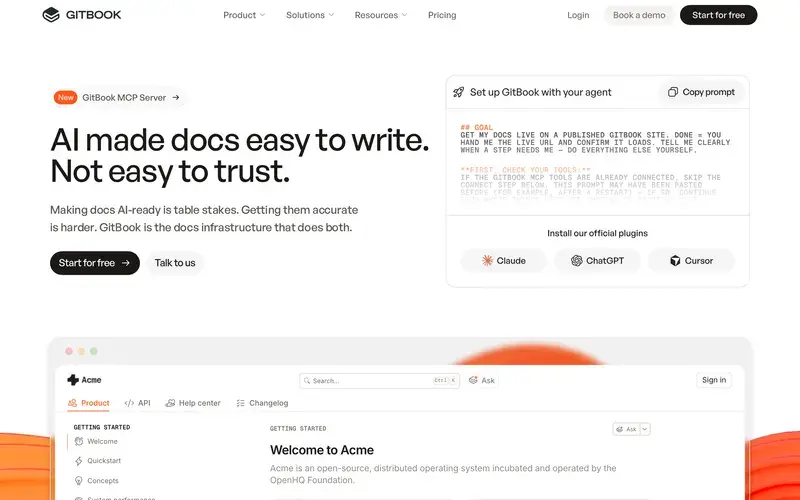 Screenshot of the GitBook homepage